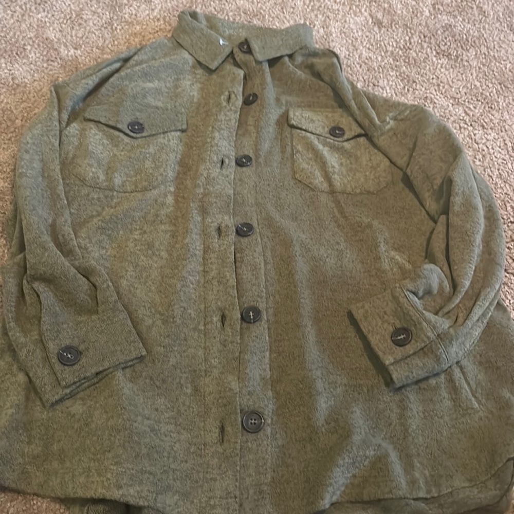 Zenana Oversized Fleece Shacket Button Up‎ Pockets Army Green Small